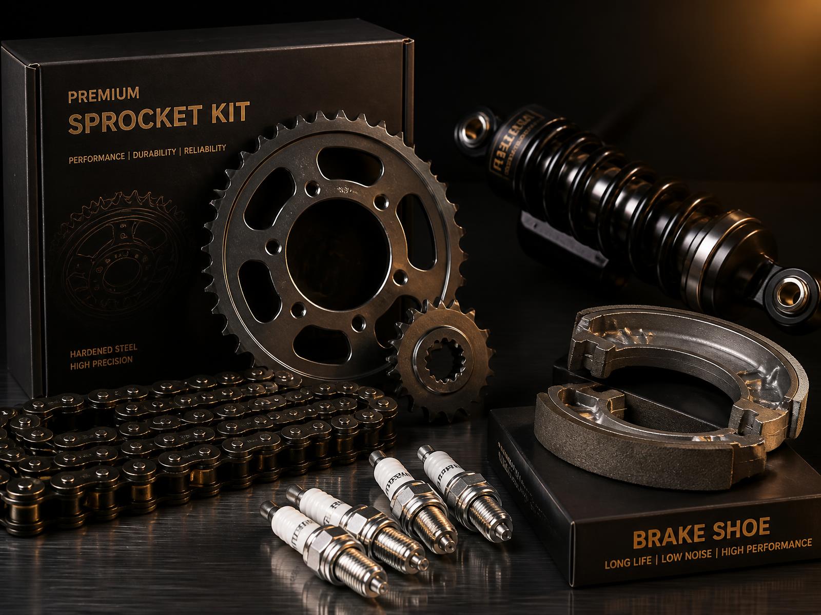 Genuine two-wheeler spare parts: sprocket kit, chain, shock absorber, brake shoes and spark plugs