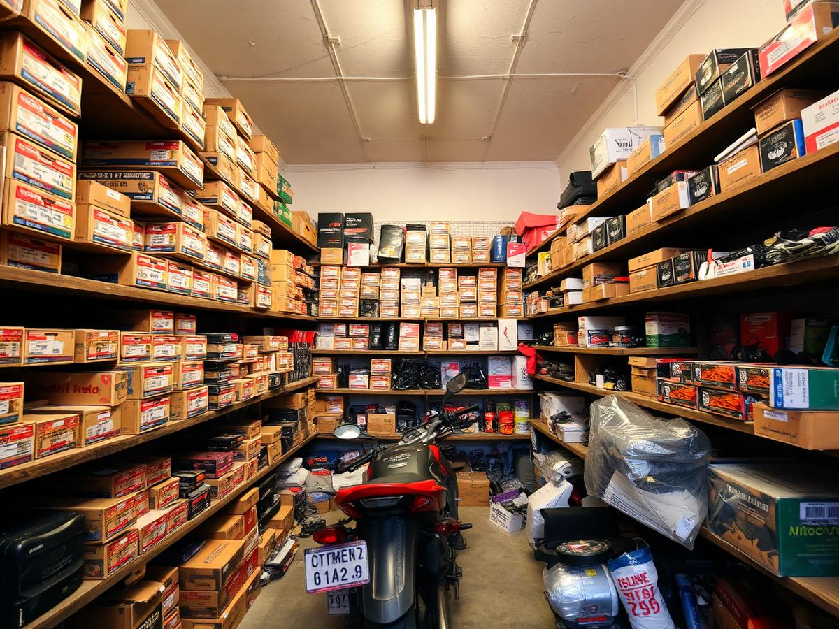 Inside Navkar Auto Parts store with shelves of genuine two-wheeler spares